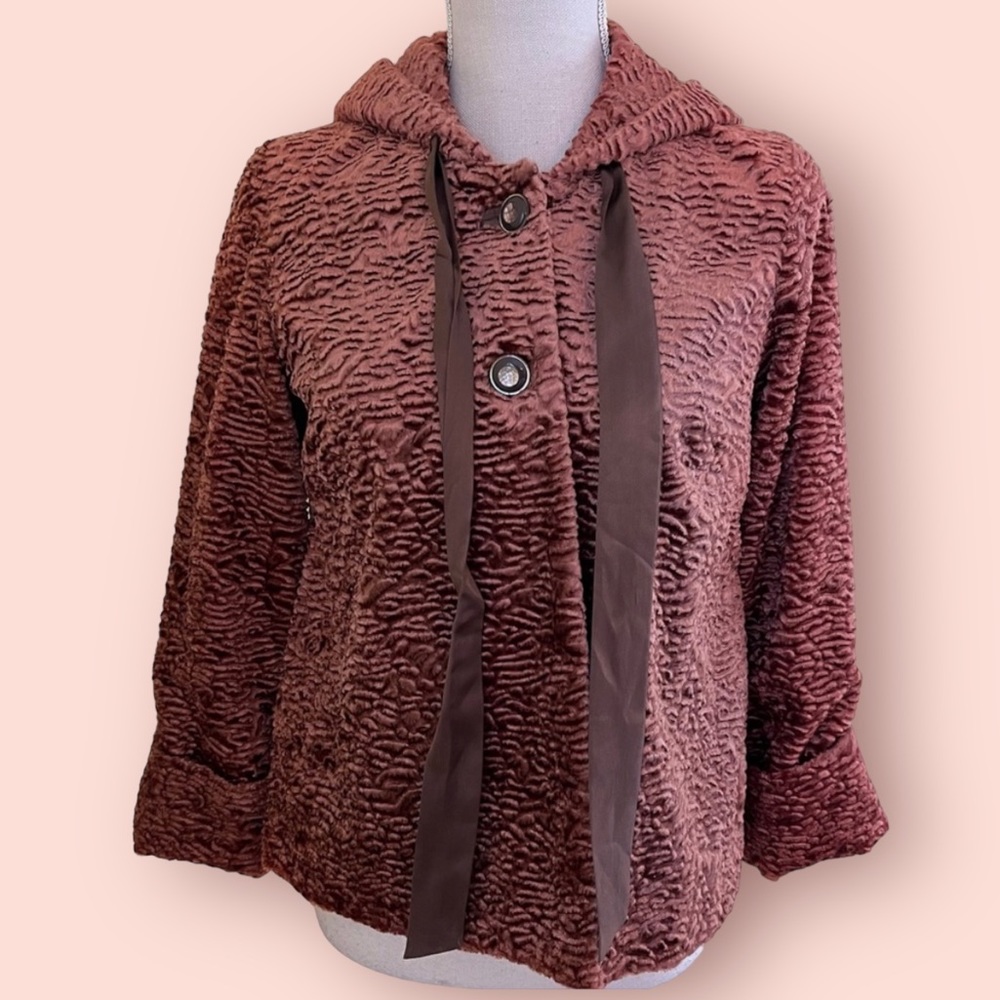 Anthropologie Elevensies Brown Hooded Textured Chenille Cropped Swing Coat